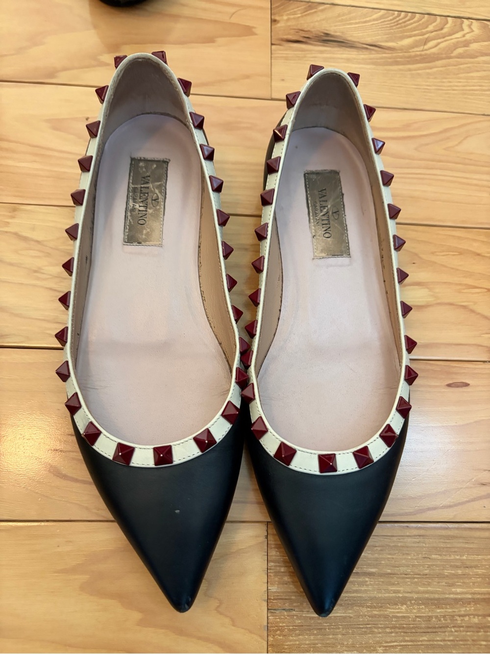Valentino Navy Pointed Leather Flats with Burgundy Stud Trim